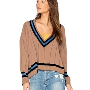 Balboa Tan‎ V-Neck Cropped Knit Sweater Blue Black Striped  Top Small NWT
